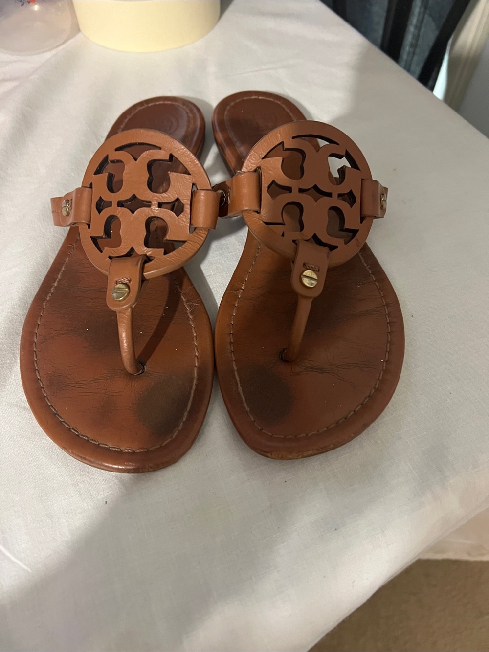 Tory Burch Tan Leather Logo Thong Sandals